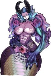 Rule 34 | 1girl, blue hair, breasts, demon, half-closed eyes, highres, horns, inverted nipples, itenami, lamia, large breasts, makeup, monster girl, multicolored hair, nezunezu, pussy, pussy juice, pussy juice trail, scales, solo, spread pussy, tagme, toukiden, uncensored, webbed hands