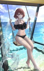 Rule 34 | 1girl, absurdres, bikini, black bikini, blue sky, brown hair, chinese commentary, commentary request, hair between eyes, hair ornament, hairclip, highres, higuchi madoka, idolmaster, idolmaster shiny colors, looking at viewer, mole, mole under eye, navel, ocean, off-shoulder bikini, off shoulder, parted lips, partially submerged, purple eyes, short hair, shuimonianhua, sitting, sky, solo, splashing, swimsuit, swing, thighs, water