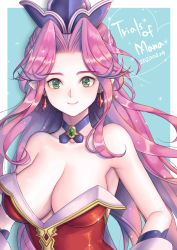 Rule 34 | 1girl, angela (seiken densetsu 3), bare shoulders, black headwear, blue background, blush, border, breasts, cleavage, closed mouth, collarbone, commentary request, copyright name, dated, earrings, eyebrows, forehead, gem, green eyes, green gemstone, highres, jewelry, large breasts, leotard, long hair, looking at viewer, outside border, parted bangs, pointy ears, purple hair, red gemstone, red leotard, seiken densetsu, seiken densetsu 3, simple background, smile, solo, sparkle, strapless, strapless leotard, upper body, very long hair, white border, yumiyokiak