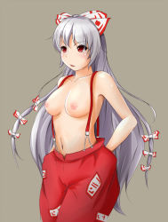 Rule 34 | &gt;:o, 1girl, :o, anekdoten, blush, bow, breasts, collarbone, female focus, fujiwara no mokou, grey background, hair bow, hands in pockets, long hair, naked suspenders, navel, nipples, pants, red eyes, revealing clothes, shiny skin, silver hair, simple background, solo, straight hair, suspenders, topfreedom, topless, touhou, v-shaped eyebrows, very long hair, walking