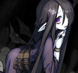 Rule 34 | 1girl, bat wings, belt, black background, black hair, bracelet, colored skin, colored tongue, commentary, dress, ghost, hair between eyes, hair ornament, hair over one eye, hairclip, highres, holding, jewelry, ketopon, leaning forward, long hair, long sleeves, looking at viewer, multiple belts, one eye covered, parted lips, pointy ears, purple dress, purple eyes, purple tongue, solo, standing, sweat, white skin, wings