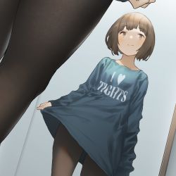 Rule 34 | 1girl, blush, brown hair, brown pantyhose, closed mouth, clothes writing, collarbone, cropped, grey eyes, highres, indoors, mirror, mogumo, original, pantyhose, reflection, short hair, smile, solo