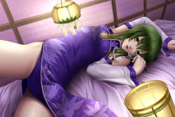 Rule 34 | 1girl, alternate costume, bad id, bad pixiv id, bed, china dress, chinese clothes, detached sleeves, dress, female focus, frog, green hair, hair ornament, kochiya sanae, lamp, long hair, lying, mochi.f, on back, side slit, snake, solo, touhou, yellow eyes