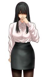Rule 34 | 1girl, arm at side, black hair, bralines, brown pantyhose, closed mouth, collared shirt, covering own mouth, cowboy shot, hand over own mouth, hand up, high-waist skirt, highres, hoshi san 3, long hair, long sleeves, looking at viewer, miniskirt, mole, mole under eye, mole under mouth, office lady, original, pantyhose, shaded face, shirt, simple background, skirt, solo, white background, white shirt, wing collar