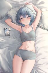 Rule 34 | 1girl, airpods, arms up, blue eyes, blue hair, blue nails, bra strap, breasts, buruma, camisole, cellphone, envyvanity, fake phone screenshot, fake screenshot, grey buruma, grey camisole, highres, hololive, hoshimachi suisei, lying, navel, official alternate hair length, official alternate hairstyle, on back, parted lips, phone, pillow, short hair, small breasts, smartphone, solo, star (symbol), star in eye, stomach, symbol in eye, thighs, virtual youtuber, wireless earphones