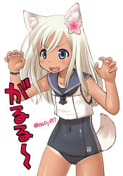 Rule 34 | &gt;:d, 1girl, :d, animal ears, black neckerchief, blonde hair, blue eyes, blue one-piece swimsuit, blush, claw pose, covered navel, dog ears, dog tail, ebifly, fang, fingernails, flower, hair flower, hair ornament, hands up, kantai collection, kemonomimi mode, looking at viewer, neckerchief, one-piece swimsuit, open mouth, pink flower, ro-500 (kancolle), school uniform, serafuku, shirt, simple background, smile, solo, standing, swimsuit, tail, tan, tanline, translated, twitter username, v-shaped eyebrows, white background, white shirt