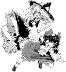 Rule 34 | 2girls, :d, ascot, bonkara (sokuseki maou), bow, braid, broom, broom riding, detached sleeves, dress shirt, floating, frilled legwear, frilled skirt, frills, frown, greyscale, hair bow, hair tubes, hakurei reimu, hand on headwear, hat, hat bow, highres, holding, kirisame marisa, loafers, long hair, long sleeves, looking at viewer, medium skirt, monochrome, multiple girls, nontraditional miko, ofuda, open mouth, shirt, shoes, side braid, skirt, smile, socks, touhou, vest, wing collar, witch, witch hat