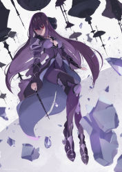 Rule 34 | 1girl, armored boots, bodysuit, boots, castle, choker, cleavage cutout, clothing cutout, covered navel, fate/grand order, fate (series), fur trim, hair between eyes, headpiece, highres, holding, holding wand, kodamazon, looking at viewer, purple hair, red eyes, scathach (fate), scathach skadi (fate), scathach skadi (second ascension) (fate), solo, spire, tiara, upside-down, wand