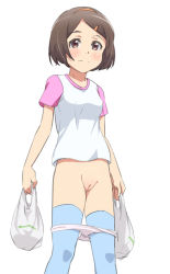 Rule 34 | 1girl, bad id, bad pixiv id, bag, blue thighhighs, blush, brown eyes, brown hair, cleft of venus, covered erect nipples, hair ornament, hairband, hairclip, hayyan, holding, holding bag, light smile, looking at viewer, no pants, original, panties, panty pull, plastic bag, pussy, shirt, short hair, simple background, solo, standing, t-shirt, thighhighs, uncensored, underwear, white background, white panties