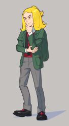 Rule 34 | 1boy, :&lt;, black footwear, black vest, blonde hair, closed mouth, collared shirt, commentary request, creatures (company), full body, game freak, green jacket, grey background, grey pants, hand on own chin, hassel (pokemon), highres, jacket, long sleeves, male focus, nintendo, open clothes, open jacket, orange eyes, pants, parted bangs, pokemon, pokemon sv, shirt, shoes, short ponytail, solo, standing, stroking own chin, u2t5k2s5, vest, white shirt