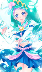 Rule 34 | 1girl, :d, blue eyes, blue skirt, cowboy shot, crop top, cure mermaid, detached sleeves, earrings, go! princess precure, green hair, highres, jewelry, kaidou minami, long hair, long sleeves, looking at viewer, midriff, miniskirt, navel, open mouth, parted bangs, pleated skirt, precure, shipu (gassyumaron), skirt, smile, solo, standing, stomach, very long hair, white background, white sleeves