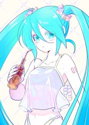Rule 34 | 1girl, aqua eyes, aqua hair, bare arms, bottle, breasts, camisole, collarbone, colored eyelashes, drinking straw, fingernails, glass bottle, hair between eyes, hatsune miku, highres, holding, holding bottle, long fingernails, long hair, looking at viewer, navel, number tattoo, otohara gaku, parted lips, see-through, see-through shirt, shell hair ornament, shirt, sleeveless, sleeveless shirt, small breasts, solo, swimsuit, tattoo, twintails, upper body, vocaloid, white shirt