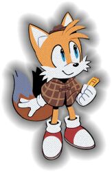 Rule 34 | 1boy, animal ears, animal nose, arm at side, blue eyes, body fur, brown capelet, brown hat, capelet, child, clenched hand, closed mouth, digimin, fedora, fox boy, fox ears, fox tail, full body, furry, furry male, gloves, hand up, happy, hat, holding, holding ticket, looking to the side, male focus, mini hat, multiple tails, non-web source, official art, outline, plaid capelet, red footwear, shoes, simple background, smile, socks, solo, sonic (series), standing, tail, tails (sonic), the murder of sonic the hedgehog, ticket, transparent background, two-tone fur, two tails, white fur, white gloves, white socks, yellow fur