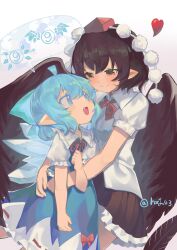 Rule 34 | 2girls, :d, absurdres, ahoge, arm at side, bird wings, black hair, black skirt, black wings, blouse, blue bow, blue dress, blue eyes, blue hair, blush, blush stickers, bob cut, bow, bowtie, brown eyes, center frills, cirno, closed mouth, collared shirt, colored eyelashes, couple, cowboy shot, dress, eye contact, eyebrows hidden by hair, fang, feathered wings, feathers, film grain, frilled shirt, frilled shirt collar, frilled skirt, frilled sleeves, frills, from side, gradient background, hair between eyes, hair bow, hand on another&#039;s hip, hand up, hat, heart, height difference, highres, hug, hxj (2324184595), ice, ice wings, large bow, locked arms, looking at another, looking up, miniskirt, multiple girls, narrowed eyes, neck ribbon, open mouth, pleated skirt, pointy ears, pom pom (clothes), puffy short sleeves, puffy sleeves, purple background, red bow, red bowtie, red headwear, red ribbon, ribbon, ribbon trim, shameimaru aya, shirt, short eyebrows, short hair, short sleeves, skirt, smile, speech bubble, split mouth, standing, thick eyebrows, thick eyelashes, tokin hat, touhou, twitter username, waist hug, white shirt, wing collar, wings, yuri