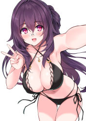 Rule 34 | 1girl, :d, armpits, bikini, black bikini, blush, breasts, cleavage, commentary request, cowboy shot, criss-cross halter, cu-no, foreshortening, glasses, hair between eyes, halterneck, hand up, hisen kaede, jewelry, kokonoe tamaki, large breasts, leaning forward, long hair, looking at viewer, navel, one side up, open mouth, pince-nez, purple hair, reaching, reaching towards viewer, red eyes, rimless eyewear, round eyewear, selfie, side-tie bikini bottom, simple background, smile, solo, standing, stomach, swimsuit, v, very long hair, white background