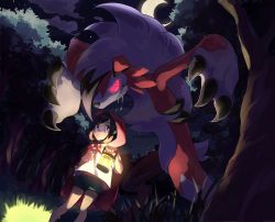 Rule 34 | 1girl, brown hair, cape, cloud, commentary, creatures (company), crescent moon, drooling, forest, game freak, gen 7 pokemon, glowing, glowing eyes, grass, green shorts, highres, holding, holding lantern, hood, hood up, hooded cape, lantern, lycanroc, lycanroc (midnight), moon, nature, night, nintendo, outdoors, pokemon, pokemon (creature), pokemon sm, red cape, saliva, selene (pokemon), sharp teeth, sheery sbox, shirt, short hair, shorts, sky, standing, teeth, tree, white shirt