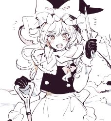 Rule 34 | 1girl, apron, bow, braid, gloves, hat, hat bow, highres, holding, icicle, kirisame marisa, long hair, long sleeves, looking at viewer, monochrome, mozukuzu (manukedori), open mouth, outdoors, shovel, side braid, single braid, smile, snowman, solo, teeth, touhou, upper teeth only, waist apron, witch hat