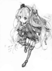 Rule 34 | 10s, 1girl, :o, amatsukaze (kancolle), bell, cat tail, collar, dress, from above, full body, garter straps, graphite (medium), grey background, greyscale, hair tubes, hairband, hehehzb, jingle bell, kantai collection, long hair, machinery, monochrome, neckerchief, open mouth, panties, rensouhou-kun, robot, sailor dress, side-tie panties, simple background, solo, striped clothes, striped thighhighs, tail, thighhighs, traditional media, turret, two side up, underwear, very long hair, walking