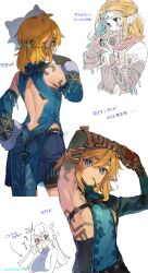 Rule 34 | 1boy, 1girl, armpits, black skin, blonde hair, blush, breasts, colored skin, earrings, from behind, hand up, highres, holding, jewelry, large breasts, link, long hair, looking at viewer, male focus, mask, medium hair, mouth hold, nintendo, paya (zelda), pointy ears, ponytail, shuri (84k), standing, the legend of zelda, the legend of zelda: tears of the kingdom, translation request