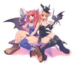 Rule 34 | 2girls, bat wings, black legwear, boots, breasts, cleavage, cleavage cutout, clothing cutout, covered erect nipples, curvy, demon girl, gloves, gun, hat, highres, lace, large breasts, majima ryoji, multiple girls, original, red hair, ryoji (nomura ryouji), short twintails, side-by-side, sitting, thighhighs, thighs, top hat, twintails, upskirt, weapon, wings