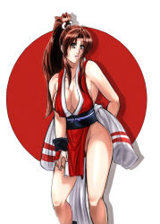 Rule 34 | 1girl, background-color, breasts, brown eyes, brown hair, dress, fatal fury, japanese clothes, kunoichi, large breasts, lips, lipstick, looking at viewer, makeup, outline, penzoom, ponytail, red dress, revealing clothes, sexually suggestive, shadow, shiranui mai, smile, snk, the king of fighters