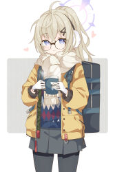 Rule 34 | 1girl, absurdres, backpack, bag, black gloves, black pantyhose, blue archive, commentary request, cowboy shot, crossed bangs, cup, earmuffs, glasses, gloves, grey skirt, hair between eyes, hair ornament, hairclip, halo, heart, highres, holding, holding cup, jacket, kotama (blue archive), kotama (camp) (blue archive), light brown hair, long sleeves, looking at viewer, miniskirt, official alternate costume, pantyhose, pleated skirt, ponytail, puffy long sleeves, puffy sleeves, purple eyes, purple halo, saekiya sabou, scarf, skirt, solo, sweater, two-sided gloves, two-tone gloves, white gloves, white scarf, yellow jacket