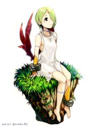 Rule 34 | 1girl, barefoot, bracelet, breath of fire, breath of fire v, closed mouth, dress, facial mark, full-body tattoo, full body, green hair, hair over one eye, jewelry, nina (breath of fire v), red wings, short hair, smile, solo, tattoo, white background, wings, yosaku (roach)