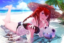 Rule 34 | 1girl, ass, bad id, bad pixiv id, barefoot, beach, bikini, black bikini, blue sky, blurry, blurry background, blush, bottle, cloud, collarbone, day, dr pepper, gotthelife, hair between eyes, hat, highres, holding, holding bottle, leg up, lens flare, long hair, long sleeves, looking at viewer, lying, makise kurisu, ocean, on stomach, open mouth, outdoors, palm tree, purple eyes, red hair, shirt, sky, solo, steins;gate, straight hair, sunlight, swimsuit, tree, upa (steins;gate), white shirt
