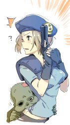 Rule 34 | 1boy, 1girl, ?, armor, beret, biting, blonde hair, breasts, colored skin, commentary request, fingerless gloves, gloves, green eyes, green skin, gun, hand on another&#039;s hip, hand on another&#039;s stomach, handgun, hat, highres, holding, holding gun, holding weapon, jill valentine, midriff, missing eye, nonco, one-eyed, open mouth, pistol, resident evil, resident evil 1, rotting, saliva, shirt, short sleeves, shoulder armor, sketch, surprised, sweat, t-shirt, trigger discipline, waist grab, weapon, white background, zombie