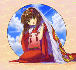 Rule 34 | 1girl, ahoge, blue sky, blush, brown hair, cloud, cloudy sky, flower, hair ornament, japanese clothes, kink (tortoiseshell), kneeling, open mouth, seiza, short hair, sitting, sky, smile, solo, yellow eyes