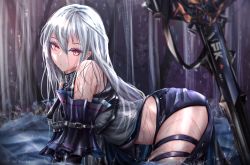 Rule 34 | 1girl, all fours, arknights, bare shoulders, blurry, breasts, depth of field, detached sleeves, grey shirt, highres, kayjae, long hair, looking at viewer, md5 mismatch, medium breasts, midriff, red eyes, resolution mismatch, shirt, side slit, silver hair, skadi (arknights), skadi (elite ii) (arknights), solo, source larger, sword, thighs, water, watermark, weapon, wet