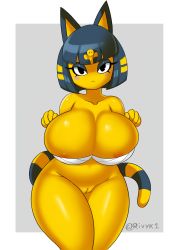 Rule 34 | 1girl, animal crossing, animal ears, ankha (animal crossing), areola slip, bandages, bare shoulders, black eyes, blue hair, blunt bangs, blush stickers, bob cut, border, bottomless, breasts, cat ears, cat tail, cleavage, cleft of venus, closed mouth, collarbone, cowboy shot, curvy, eyeshadow, furry, furry female, grey background, highres, huge breasts, looking at viewer, makeup, nintendo, pussy, rivyk, short hair, simple background, solo, tail, thick thighs, thighs, uncensored, white border, wide hips