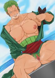 Rule 34 | 1boy, absurdres, bandana, bandana around arm, bara, bare pectorals, beckoning, black bandana, blue sky, clothing aside, coat, colored pubic hair, earrings, feet out of frame, green coat, green hair, green pubic hair, haramaki, highres, jewelry, large pectorals, looking at viewer, male focus, male pubic hair, muscular, muscular male, naughty face, niusesabe, one eye closed, one piece, open clothes, outdoors, pectorals, presenting pectorals, presenting pussy, pubic hair, pussy, red sash, reverse newhalf, roronoa zoro, sash, scar, scar across eye, scar on chest, scar on face, short hair, sideburns, single earring, sitting, sky, smile, solo, spread legs, sword, thick thighs, thighs, tongue, tongue out, weapon