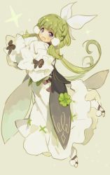 Rule 34 | 1girl, blush, bow, cannae le fey, dress, fairy, fairy wings, full body, green hair, hair bow, hair ornament, kuzuvine, long hair, looking at viewer, lord of heroes, pale skin, purple eyes, solo, wings