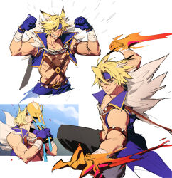 Rule 34 | 1boy, 2found 2, animal ears, bandaged arm, bandages, belt, blonde hair, brown belt, clenched hands, closed eyes, fighting stance, fur trim, gloves, headband, highres, holding, holding trophy, league of legends, male focus, official alternate costume, open clothes, pants, purple gloves, purple headband, purple pants, scar, scar on chest, scar on face, scar on nose, sett (league of legends), short hair, smile, solo, soul fighter sett, teeth, trophy