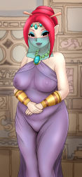 Rule 34 | 1girl, abstract background, artist request, astrid (zelda), bare shoulders, black eyes, blush, breasts, circlet, closed mouth, collarbone, dress, eyebrows, eyelashes, eyeshadow, female focus, groin, hair ornament, hair stick, highres, jewelry, legs together, lipstick, long dress, looking at viewer, makeup, medium breasts, mouth veil, necklace, nintendo, nipples, no bra, no panties, own hands together, pointy ears, purple dress, pussy, red hair, see-through, sleeveless, sleeveless dress, smile, solo, standing, the legend of zelda, the legend of zelda: phantom hourglass, thighs, veil