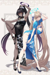 Rule 34 | 2girls, arm up, armpits, asuna (blue archive), bare shoulders, black dress, black hair, blue archive, blue dress, blue eyes, blue ribbon, blush, breasts, bun cover, china dress, chinese clothes, cleavage, cleavage cutout, clothing cutout, dark-skinned female, dark skin, double bun, dress, fukai ryosuke, full body, grin, hair bun, hair over one eye, hair ribbon, halo, high heels, high ponytail, highres, karin (blue archive), large breasts, light brown hair, long hair, looking at viewer, multiple girls, pelvic curtain, ribbon, short sleeves, side slit, smile, twintails, very long hair, yellow eyes