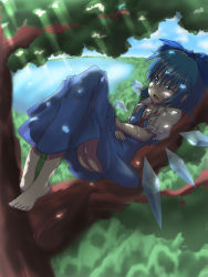 Rule 34 | 1girl, ass, bad id, bad pixiv id, blouse, blue eyes, blue hair, bow, caffellatte, cirno, collared shirt, dress, embodiment of scarlet devil, female focus, forest, full body, hair between eyes, hair bow, highres, matching hair/eyes, nature, outdoors, pinafore dress, shirt, short hair, sky, sleeveless dress, solo, touhou, white shirt, wings