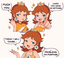 Rule 34 | 1girl, blue eyes, brown hair, cremanata, crown, earrings, english text, highres, hmm today i will (meme), jewelry, mario (series), medium hair, meme, middle finger, nintendo, open mouth, orange shirt, pointing, princess daisy, profanity, shirt, simple background, smug, speech bubble, super mario land, super mario strikers, teeth, tomboy, tongue, tongue out, upper teeth only, white background