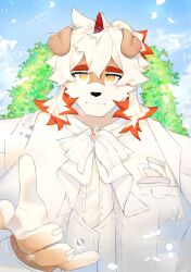Rule 34 | 1boy, arknights, ascot, bara, blue sky, blush, claws, colored tips, commentary, formal, furry, furry male, highres, horns, hung (arknights), jujurlyreckless, komainu boy, komainu ears, looking at viewer, male focus, multicolored hair, orange eyes, outstretched hand, shirt, single horn, sky, suit, upper body, vest, wedding, wedding arch, white ascot, white shirt, white suit, white vest