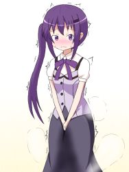 Rule 34 | 1girl, between legs, black skirt, blush, bow, bowtie, closed mouth, embarrassed, female focus, fizu, flat chest, gochuumon wa usagi desu ka?, gradient background, hair ornament, hairclip, hand between legs, have to pee, long hair, looking at viewer, matching hair/eyes, nose blush, own hands together, peeing, peeing self, purple bow, purple bowtie, purple eyes, purple hair, purple vest, school uniform, shirt, short sleeves, side ponytail, simple background, skirt, solo, standing, steam, sweat, tears, tedeza rize, trembling, v arms, vest, wet, wet clothes, white background, white shirt