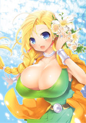 Rule 34 | 1girl, bad id, bad pixiv id, bianca (dq5), blonde hair, blue eyes, blush, bracelet, braid, breasts, cape, choker, cleavage, dragon quest, dragon quest v, earrings, huge breasts, jewelry, kotoji, large breasts, long hair, open mouth, ring, solo