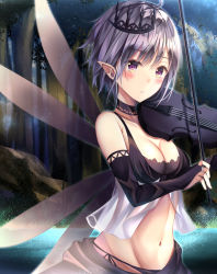 Rule 34 | 1girl, ahoge, bare shoulders, bikini, black bikini, black choker, black skirt, blush, bow (music), breasts, bridal gauntlets, choker, cleavage, collarbone, commentary request, fairy, fairy wings, forest, grass, groin, hair between eyes, highres, holding, holding instrument, holding violin, instrument, lake, light particles, light rays, looking at viewer, medium breasts, midriff, music, nature, navel, night, original, outdoors, parted lips, playing instrument, pointy ears, purple eyes, see-through, shadow, short hair, side-tie bikini bottom, sidelocks, silver hair, skirt, solo, swimsuit, tiara, tree, tsukasa tsubasa, upper body, violin, wings