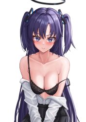 Rule 34 | 1girl, absurdres, black bra, black skirt, blue archive, blush, bra, breasts, cleavage, closed mouth, collarbone, halo, highres, ilbanseomin, long hair, long sleeves, looking at viewer, mechanical halo, medium breasts, purple eyes, purple hair, shirt, simple background, skirt, solo, two side up, underwear, upper body, white background, white shirt, yuuka (blue archive)