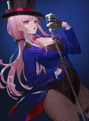 Rule 34 | 1girl, alternate costume, alternate hairstyle, blue jacket, bow, bowtie, breasts, cleavage, ekao, fishnet pantyhose, fishnets, gloves, highres, hololive, hololive english, jacket, leotard, leotard under clothes, microphone, microphone stand, mori calliope, open mouth, pantyhose, pink hair, ponytail, red eyes, solo, virtual youtuber