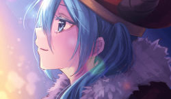 Rule 34 | 1girl, blue eyes, blue hair, closed mouth, earrings, hatsune miku, highres, jewelry, long hair, portrait, profile, shireru illust, smile, solo, tears, twintails, twitter username, vocaloid