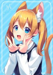 Rule 34 | 1girl, :d, absurdres, animal ear fluff, animal ears, bad id, bad pixiv id, blonde hair, blue background, blue eyes, blue vest, cat ears, cat tail, collared shirt, double v, extra ears, fang, hair between eyes, hands up, highres, long hair, long sleeves, looking at viewer, open mouth, original, sakura chiyo (konachi000), shirt, sidelocks, sleeves past wrists, smile, solo, striped, striped background, tail, tareme, twintails, twintails day, twitter username, upper body, v, vest, white shirt