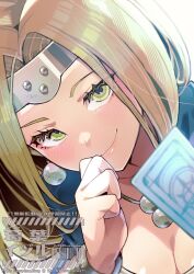 1girl blonde_hair breasts card cleavage closed_mouth commentary_request dragon_quest dragon_quest_vi eyelashes forehead_protector green_eyes highres kuzuno_ha looking_at_viewer mireyu playing_card smile solo