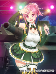 Rule 34 | 1girl, :d, arm garter, bare shoulders, belt, boots, breasts, bridal garter, buckle, buttons, camouflage, cleavage, cowboy shot, detached sleeves, flower, frills, green skirt, hair flower, hair ornament, highres, holding, holding microphone, japan steel works 120, kakusei kenkyuu idol lab, large breasts, long sleeves, looking at viewer, microphone, military, military vehicle, motor vehicle, mountain, necktie, open mouth, pink eyes, pink hair, pocket, ponytail, skirt, smile, solo, standing, tank, thigh boots, thighhighs, type 10 (tank), uniform, wacchi, zettai ryouiki