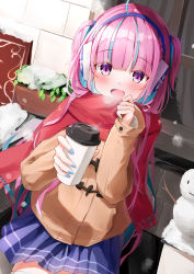 Rule 34 | 1girl, absurdres, alternate costume, anchor symbol, blue hair, blue nails, blue skirt, blunt bangs, blush, breath, brick wall, brown coat, coat, coffee, commentary request, cowboy shot, cup, disposable cup, enpera, eyes visible through hair, headphones, highres, holding, holding cup, hololive, long hair, long sleeves, looking at viewer, matcha (user yyss8744), minato aqua, multicolored hair, nail polish, open mouth, outdoors, pink hair, pleated skirt, purple eyes, red scarf, sandwich board, scarf, skirt, sleeves past wrists, smile, snow, snowman, solo, streaked hair, two side up, very long hair, virtual youtuber, winter